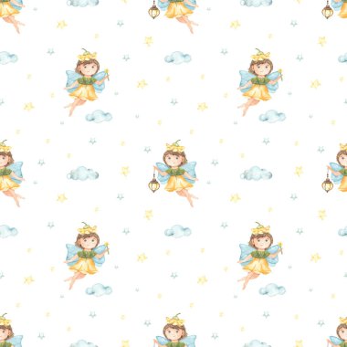 Beyaz arka planda fenerle uçan bahçe perisi suluboya desensiz 