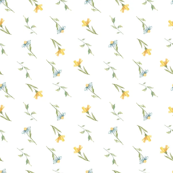Bloemen Kamille Bladeren Tuin Fee Een Witte Achtergrond Aquarel Naadloos — Stockfoto