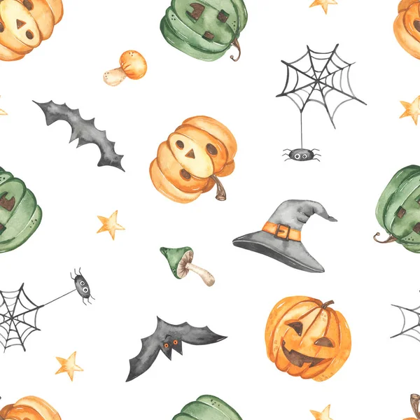 Dynie Pajęczyny Pająk Nietoperze Grzyby Gwiazdy Akwarela Halloween Bezszwowy Wzór — Zdjęcie stockowe