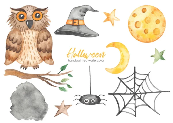 Uil Maan Spin Spinnenweb Sterren Halloween Aquarel Set — Stockfoto