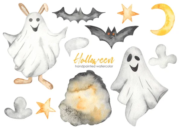 Ghost Haas Spook Vleermuizen Sterren Wolken Maand Halloween Aquarel Set — Stockfoto