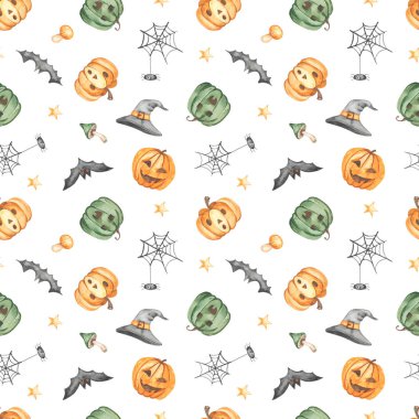 Kabaklar, örümcek ağları, örümcek, yarasalar, mantarlar, beyaz arkaplandaki yıldızlar Cadılar Bayramı 'nın renksiz desenleri