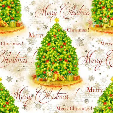 Süslemeli ve hediyeli Noel ağacı, suluboya resimli el boyası, davetiye için klasik kusursuz tatil deseni, dekupaj, kupür defteri..