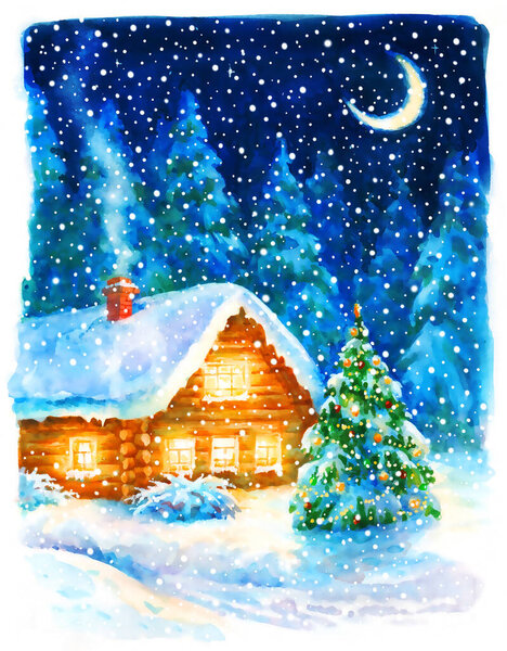 Christmas night landscape, watercolor hand paint illustration, holiday background for greeting card, invitation.