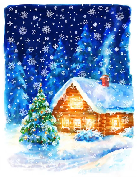 Christmas Night Landscape Watercolor Hand Paint Illustration Holiday Background Greeting — Stock Photo, Image