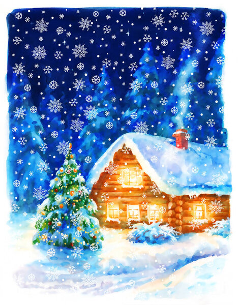 Christmas night landscape, watercolor hand paint illustration, holiday background for greeting card, invitation.