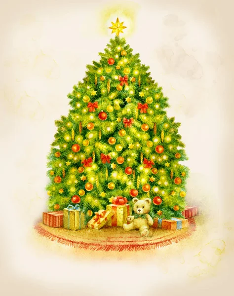 Árvore Natal Com Decoração Pintura Mão Aquarela Vintage Ilustração Para — Fotografia de Stock