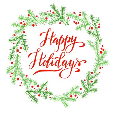 Mutlu tatiller, Noel el çizimi arka plan, kış köknar çelenkleri, tebrik kartı vektör şablonu, davetiye, poster.