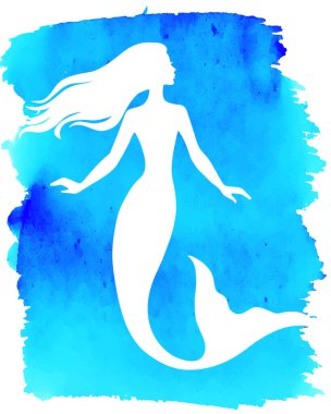 Deniz kızı silueti, el çizimi vektör çizimi mavi suluboya nokta, logo, tişört tasarımı.