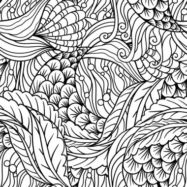 Soyut el çizimi sualtı deniz florası pürüzsüz desen, dekoratif dalga vektör arka plan, boyama kitabı illüstrasyonu.