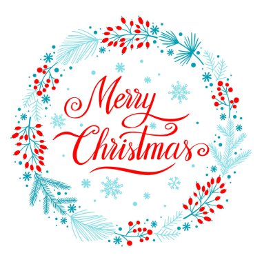 Böğürtlen ve yapraklı Noel çelengi, klasik kış çiçeği çizimi. Bayram tebrik kartı, davetiye, kupa, tişört tasarımı için şablon.