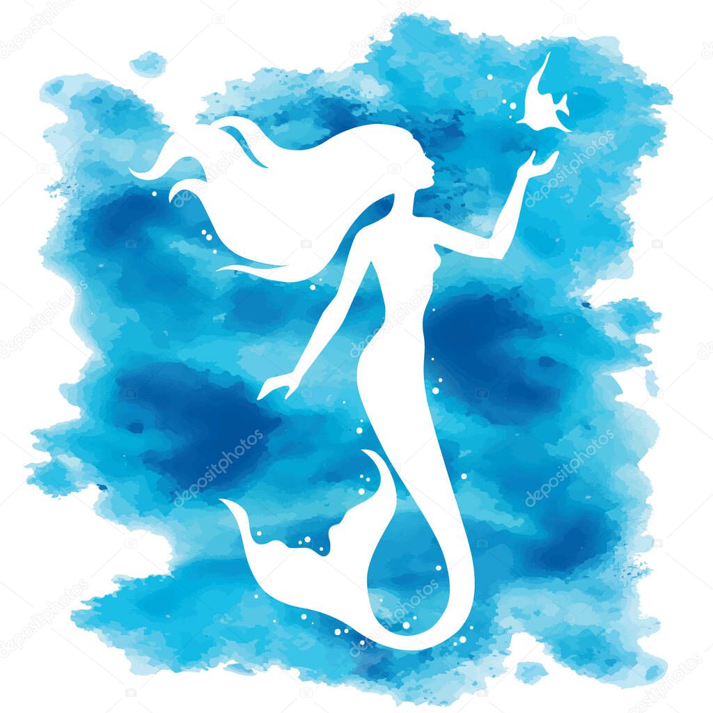 Mermaid  silhouette, hand drawn vector  illustration isolated on blue watercolor spot, logo, t-shirt design.