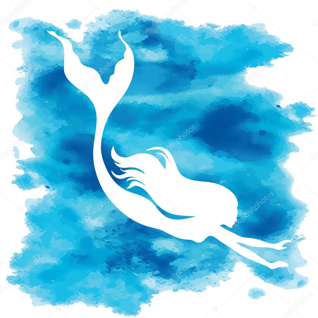 Mermaid  silhouette, hand drawn vector  illustration isolated on blue watercolor spot, logo, t-shirt design.
