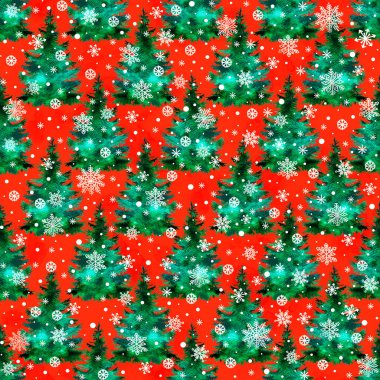 Noel ağacı el boyası suluboya siluet, klasik, dikişsiz tatil deseni.