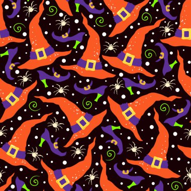 Cadı aksesuarları ile Cadılar Bayramı el çizimi kusursuz desen.