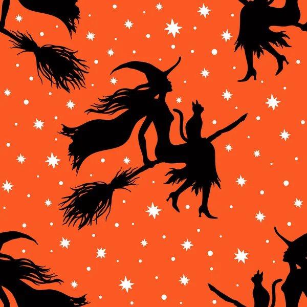 Siluetas Brujas Patrón Perfecto Halloween Vector Ilustración — Vector de stock