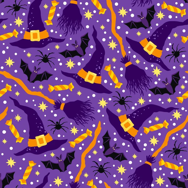 Halloween Hand Drawn Vector Seamless Pattern Witch Accessories — Stock Vector