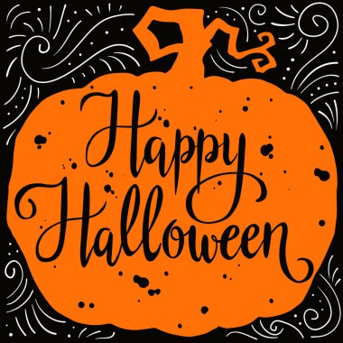  Cadılar Bayramın kutlu olsun, balkabağının siluetine elle yazılmış harfler. Mutlu Cadılar Bayramı için metin pankartı veya arkaplan, el çizimi vektör illüstrasyonu.