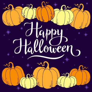 Mutlu Cadılar Bayramı, el yazması vektör harfleri. El yapımı balkabağı çerçevesi, sonbahar arkaplanı, Cadılar Bayramı tebrik kartı, davetiye, pankart.