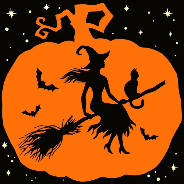 Счастливого Хэллоуина Открытка Рисунком Силуэт Ведьмы Летучих Мышей Луны Силуэте — стоковый вектор