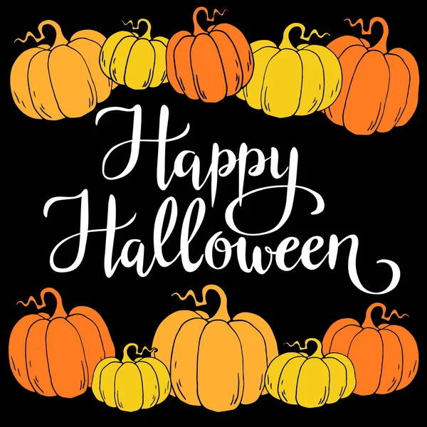 Feliz Halloween Letra Vectorial Escrita Mano Marco Con Calabaza Dibujada — Vector de stock