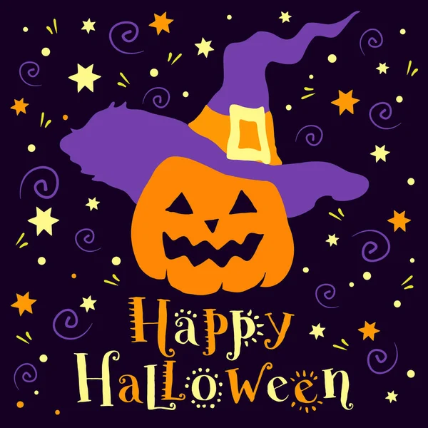 Joyeux Halloween Carte Vœux Dessinée Main Avec Citrouille Bannière Texte — Image vectorielle