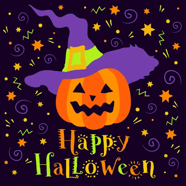 Feliz Halloween Tarjeta Vacaciones Dibujada Mano Con Calabaza Banner Texto — Vector de stock