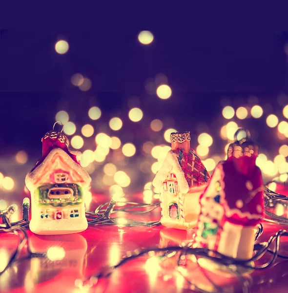 Vánoční Hračky Domy Světla Kopírovacím Prostorem — Stock fotografie