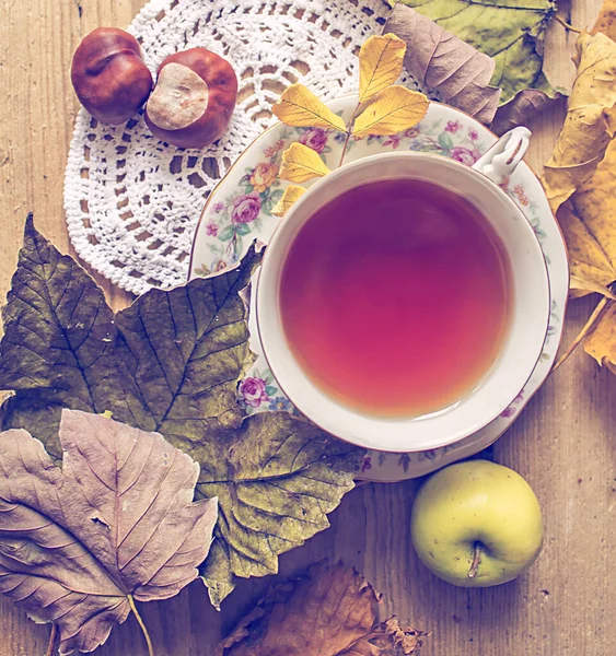 Herbsttee Tasse Tee Mit Vogelbeere Und Herbstblättern Kastanien Äpfeln — Stockfoto
