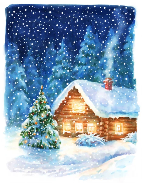 Noel gecesi manzarası, suluboya el boyası çizimi, tebrik kartı için tatil geçmişi, davetiye..