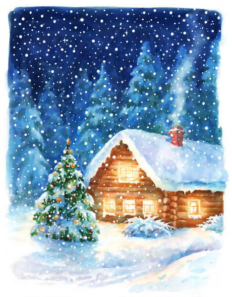 Christmas night landscape, watercolor hand paint illustration, holiday background for greeting card, invitation.