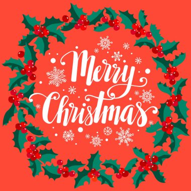 Mutlu Noeller, el yazması mektuplar, klasik Noel ve yeni yıl karalama unsuru, kutsal çilek çelengi. Tatil tasarımı için vektör posteri.