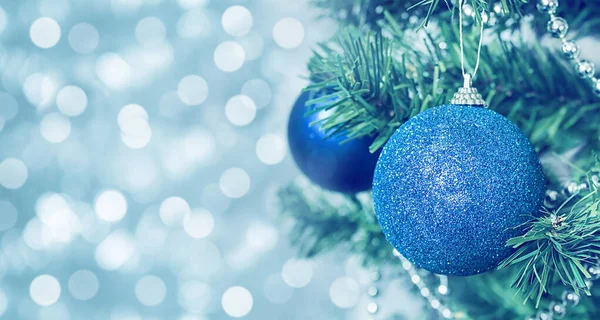 Décorations Bleues Sur Sapin Noël — Photo