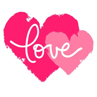 Sevgililer günü kartı, beyaz arka planda iki kalp, el yazısıyla 