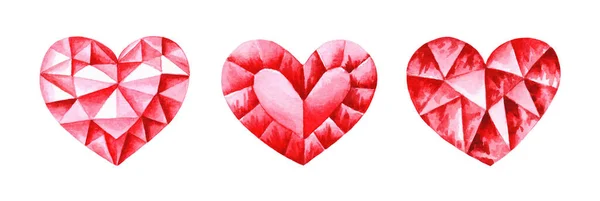 Набор Красного Хрусталя Рубиновые Драгоценности Сердца Вручную Окрашенные Акварелью Иллюстрации — стоковое фото