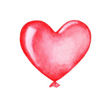 Beyaz arka planda kırmızı balon kalp. Elle boyanmış suluboya resim. Sevgililer Günü kartları için şablon ve tişört, kupa tasarımı.