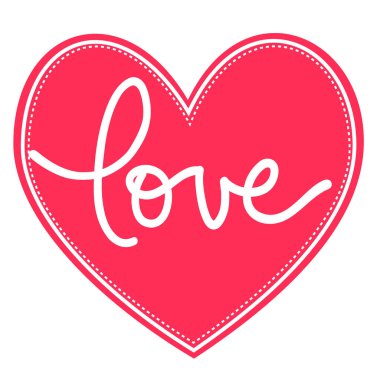 Sevgililer günü kartı, beyaz arka planda kırmızı kalp, el yazısıyla 