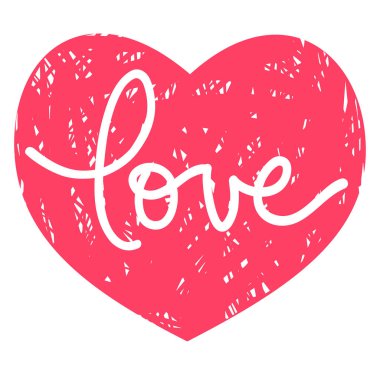 Beyaz arka planda kırmızı kalbin karalamalı silueti, Sevgililer Günü için el yazısıyla yazılmış 