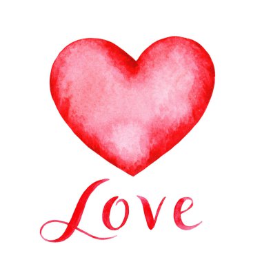 Beyaz arka planda kırmızı tekstil kalbi. Elle boyanmış suluboya resim. El yazısıyla yazılmış 