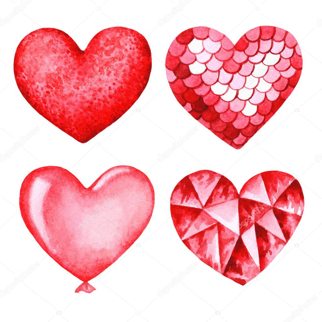 Set of red hearts with different textures: textile, sequins, baloon, glass. Hand painted watercolor illustration on white background. Template for Valentine`s day, wedding, love cards and t-shirt, mug design.