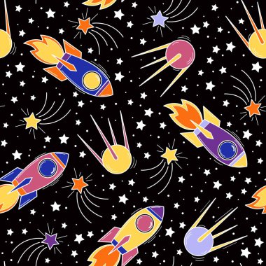 Kozmik uzay deseni, roket, uydu, yıldızlar, gezegen, kuyruklu yıldız. El çizimi keten vektör illüstrasyonu.