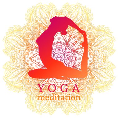 Yoga yapan genç kadınların silueti mandala süs arka planında poz veriyor, şablon, yoga stüdyosu logosu, vektör illüstrasyonu.