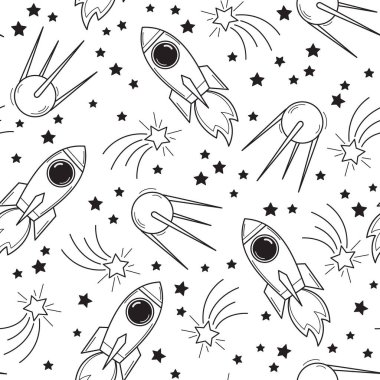 Kozmik uzay deseni, roket, uydu, yıldızlar, gezegen, kuyruklu yıldız. El çizimi keten vektör illüstrasyonu.