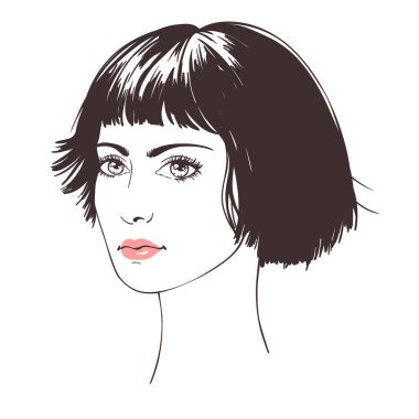 Kısa saçlı, eskiz, moda el çizimleri olan güzel genç kadınlar..