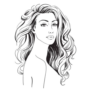 Uzun dalgalı saçlı, eskiz, moda el çizimi vektör resimli güzel genç kadınlar..