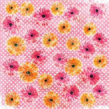 Eski model kağıt, polka noktalar, elle boyanmış suluboya pembe ve sarı Gerbera çiçekleri, romantik koleksiyon kartları şablonu..