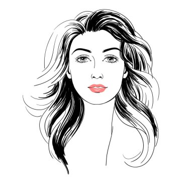 Uzun saçlı, eskiz, moda el çizimi vektör illüstrasyonlu güzel kadınlar..