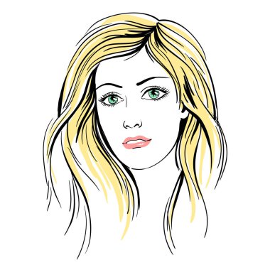 Uzun saçlı, eskiz, moda el çizimi vektör illüstrasyonlu güzel kadınlar..
