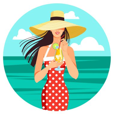 Hasır şapkalı yaz kızı, deniz kenarında, plajda kokteyl eşliğinde klasik mayo, vektör çizimi..