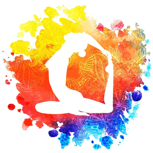 Yogadaki kadın silueti dekoratif mandala süsü ve renkli suluboya nokta arka planı, tasarım için vektör çizimi, yoga stüdyosu için şablon.